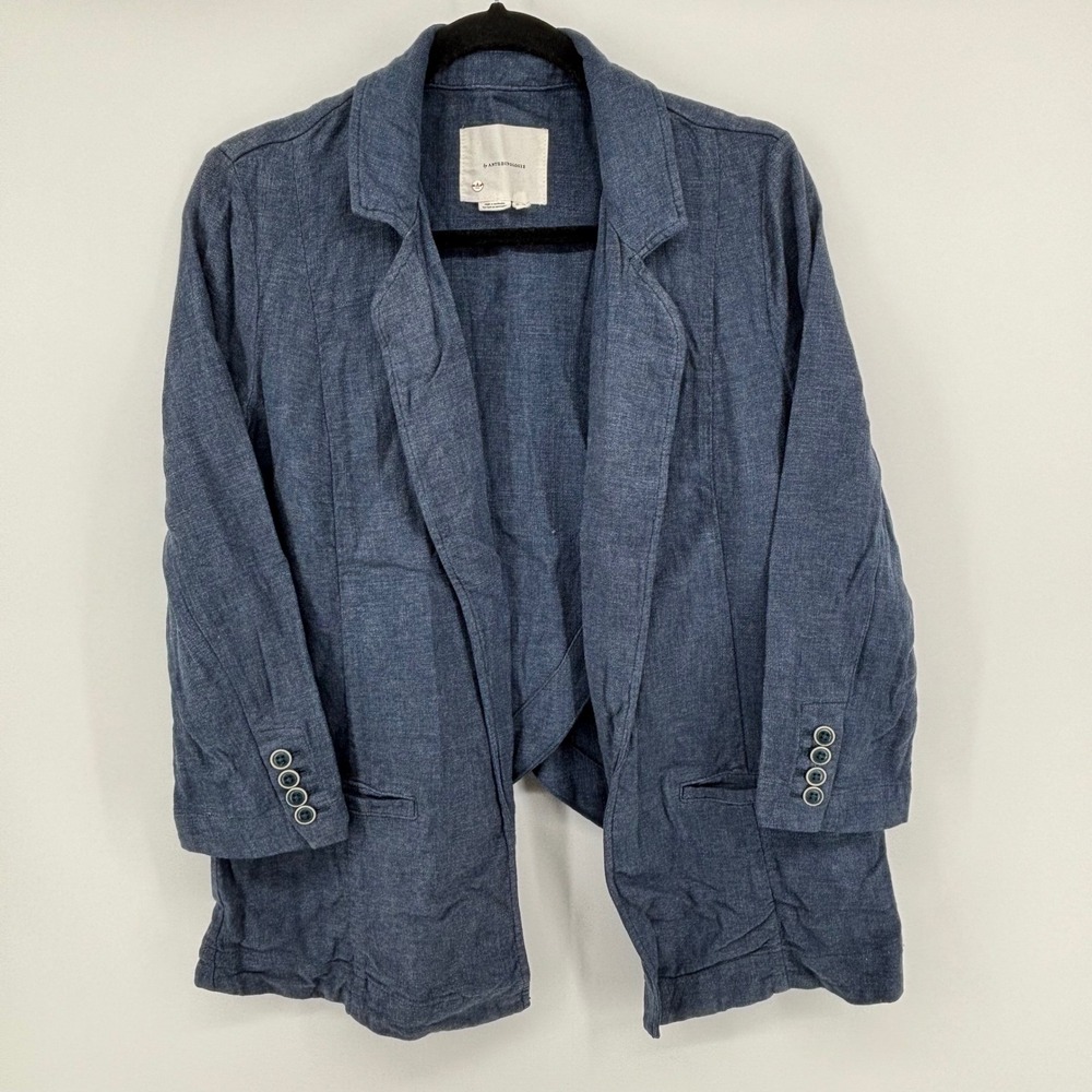 Anthropologie Blue Linen Blend Open Front Blazer Crossover Back OB1499891 Size 2